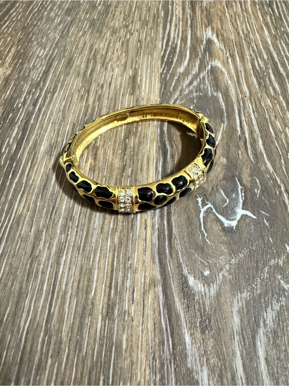 Kenneth Jay Lane Gold-Tone Black Enamel Bangle with Crystal Bands